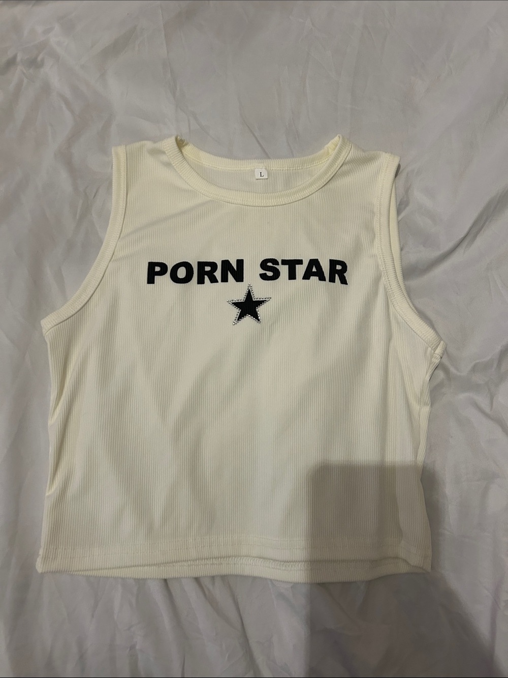 Cream Ribbed Tank Top with Bold Black Graphic